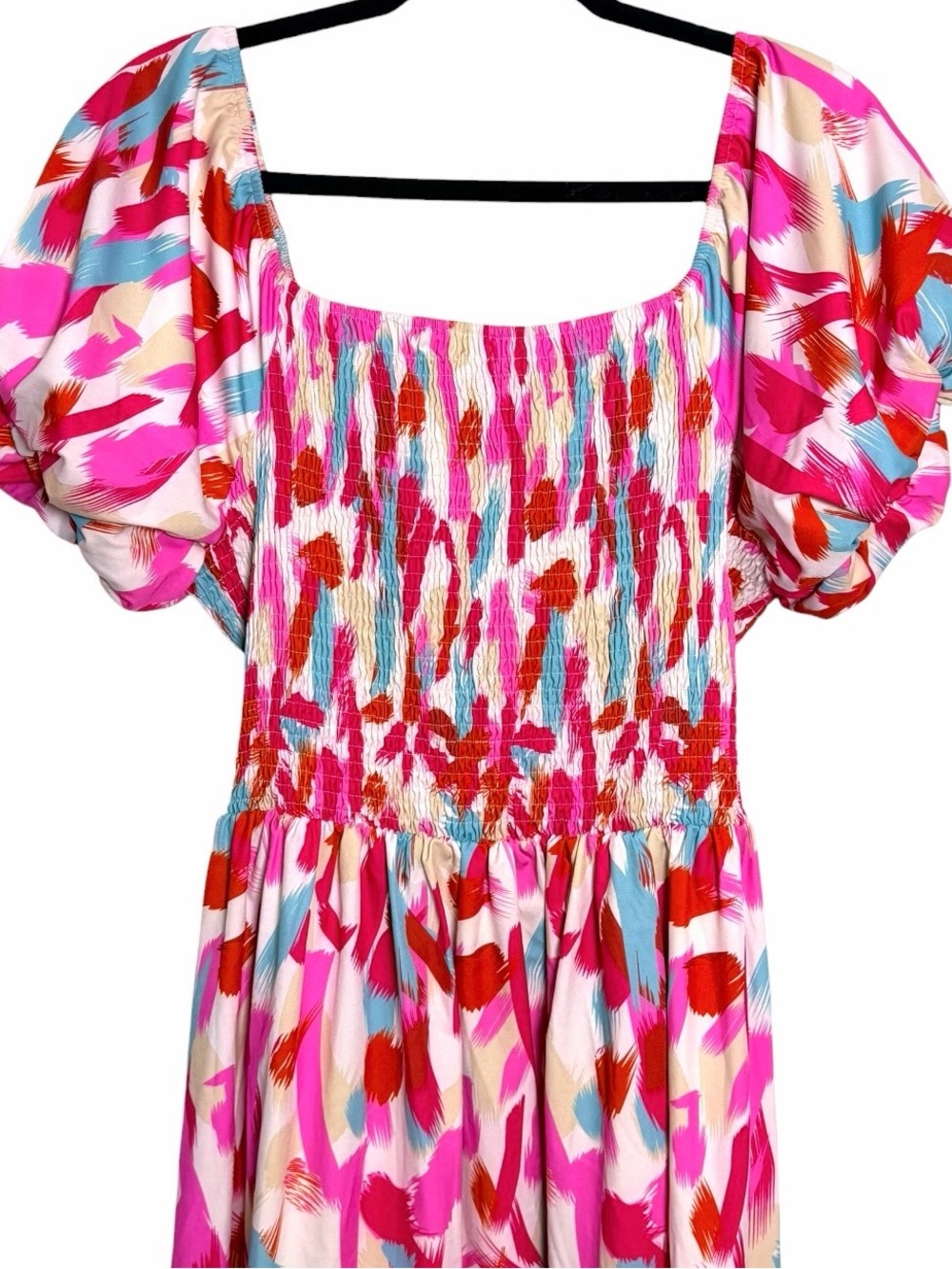 Abstract Brushstroke Smocked Puff Sleeve Tiered Maxi Dress XL Resort - Picture 4 of 9